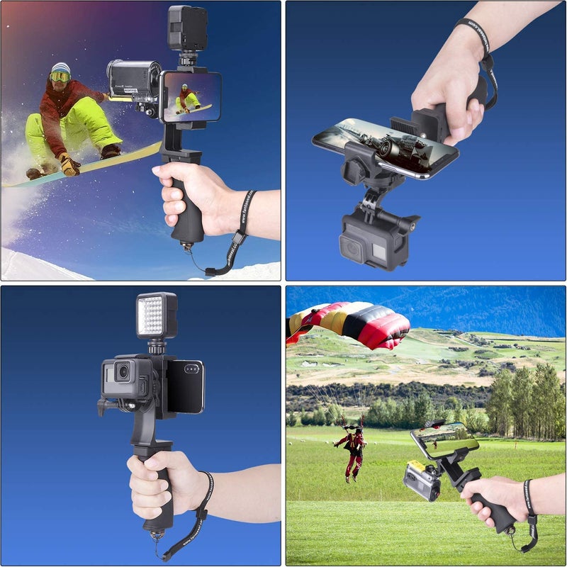 Fantaseal 2in1 Ergonomic Portable Action Camera+Smartphone SYN Hand Grip Stabilizer Combo Mount Video Vlogging Rig Holder Kit for GoPro iPhone Interview Travel YouTube Tiktok Streaming-Mic+Light Adapter - Image 2